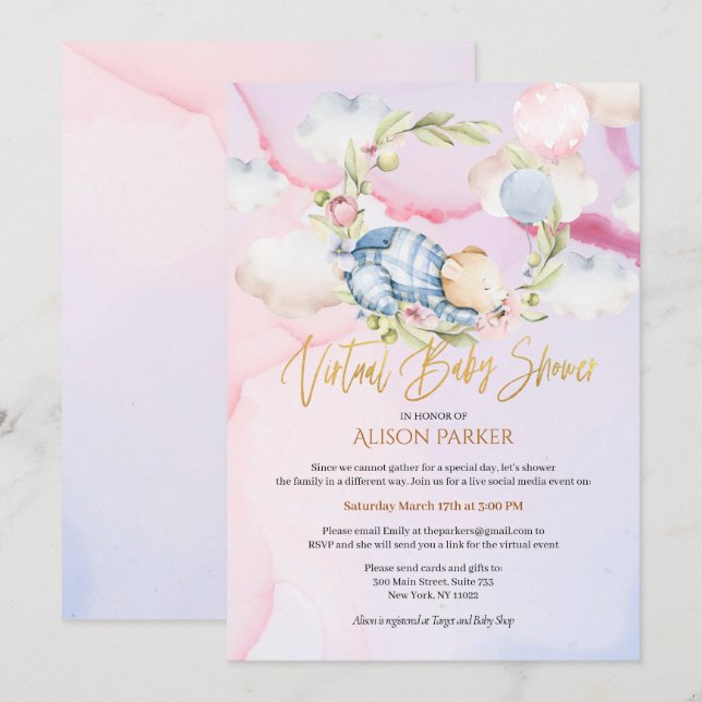 Boy Teddy Bear Cute Virtual Baby Shower Invitation (Front/Back)