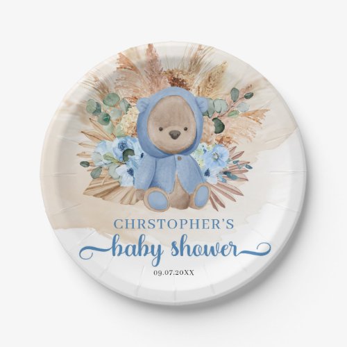 Boy teddy bear dried palm blue flowers baby shower paper plates