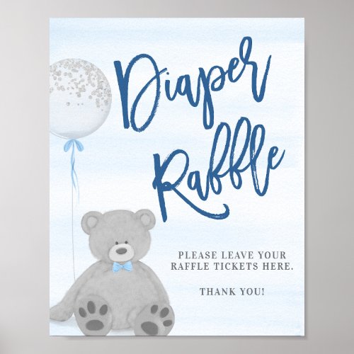 Boy Teddy Bear Gray Balloon Diaper Raffle Sign