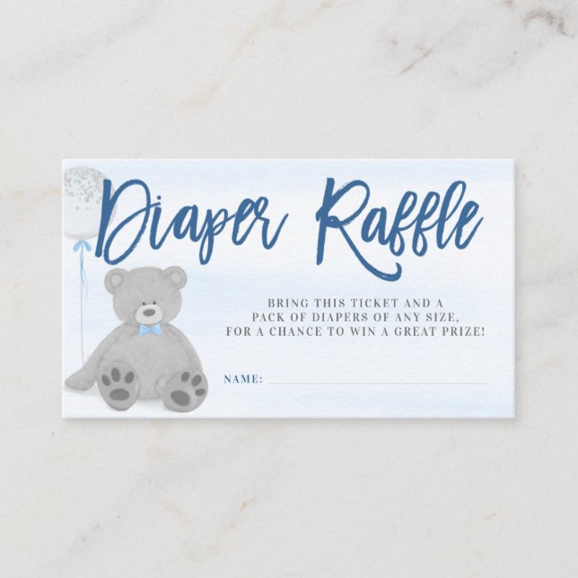 Boy Teddy Bear Gray Balloon Diaper Raffle Ticket Enclosure Card (Front)