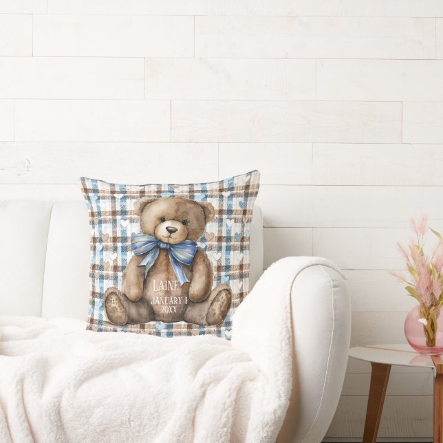 Boy Teddy Bear On Blue Brown Plaid  Throw Pillow (Couch)