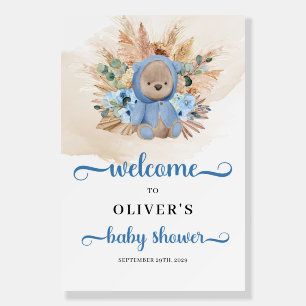 Boy teddy bear pampas grass baby shower welcome foam board