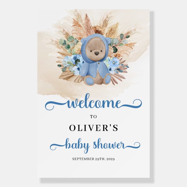 Boy teddy bear pampas grass baby shower welcome foam board (Front)