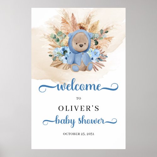 Boy Teddy bear pampas grass baby shower Welcome Poster