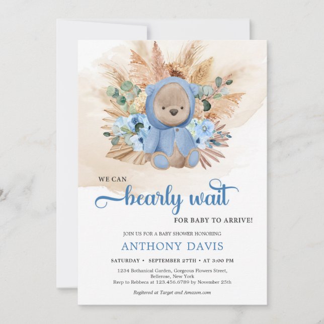 Boy teddy bear pampas grass blue flowers greenery invitation (Front)