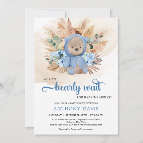 Boy teddy bear pampas grass blue flowers greenery invitation