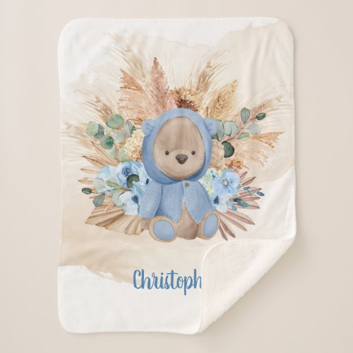 Boy teddy bear pampas grass dried palm tropical sherpa blanket