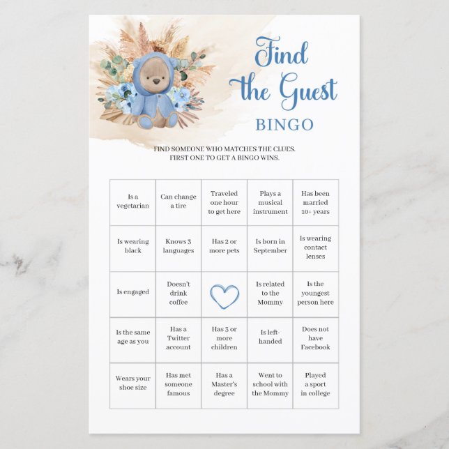 Boy teddy bear pampas grass Find The Guest Bingo (Front)