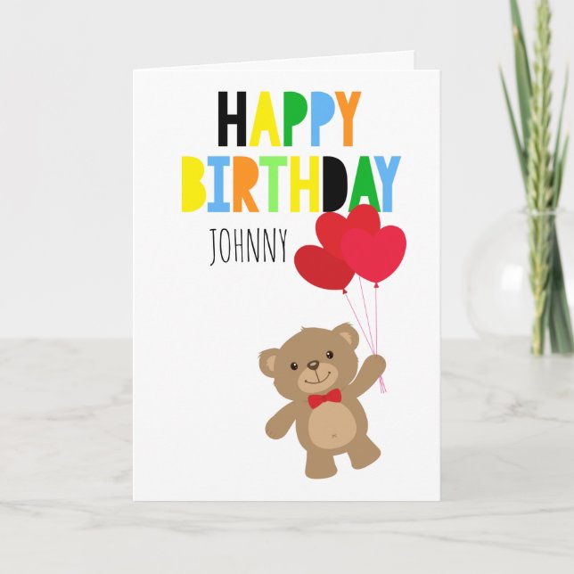 Boy Teddy Bear Personalized Happy Birthday Card (Front)