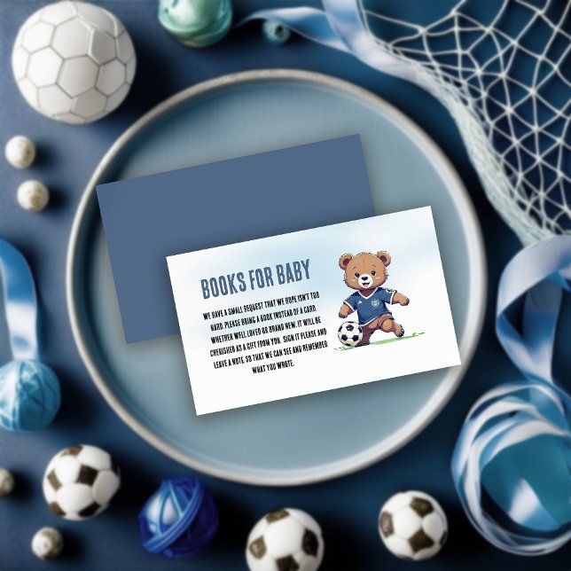 Boy Teddy Bear Soccer Baby Shower Books for Baby Enclosure Card (Cute Blue Teddy Bear Soccer Player Boy Baby Shower "Books for Baby" Insert Enclosure Card)