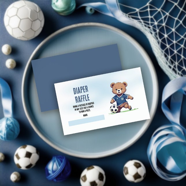 Boy Teddy Bear Soccer Baby Shower Diaper Raffle Enclosure Card (Cute Blue Teddy Bear Soccer Player Boy Baby Shower Diaper Raffle Insert  Enclosure Card)