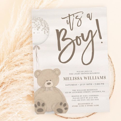 Boy Teddy Bear Tan Balloon Baby Shower Invitation