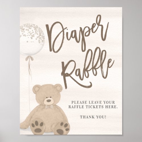 Boy Teddy Bear Tan Balloon Diaper Raffle Sign