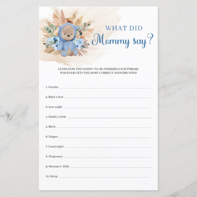 Boy teddy bear tropical pampas What Did Mommy Say (Front)