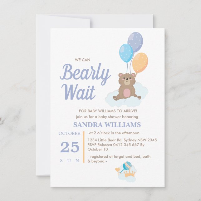 Boy Teddy Bear We Can Bearly Wait Baby Shower  (Front)