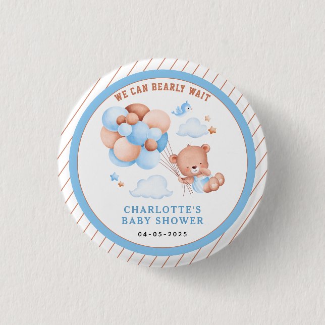 Boy Teddy Bear “We Can Bearly Wait” Baby Shower Button (Front)