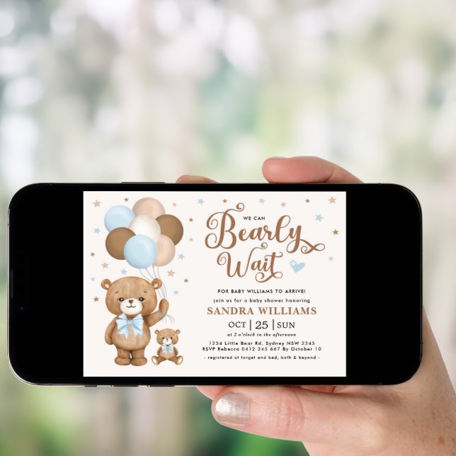 Boy Teddy Bear We Can Bearly Wait Baby Shower Invi Invitation (Front Digital)