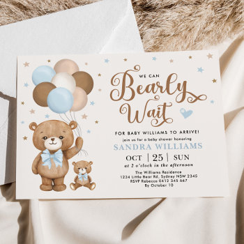 Boy Teddy Bear We Can Bearly Wait Baby Shower Invi Invitation by BlueBunnyStudio at Zazzle