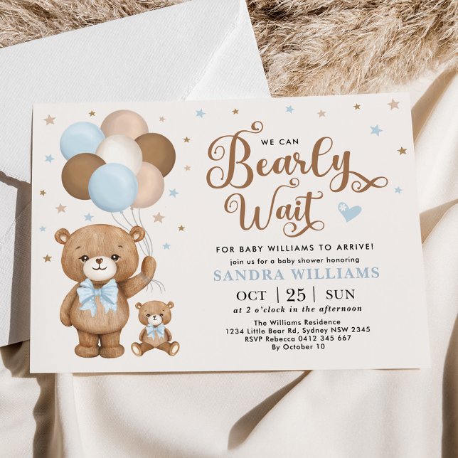 Boy Teddy Bear We Can Bearly Wait Baby Shower Invi Invitation (Creator Uploaded)