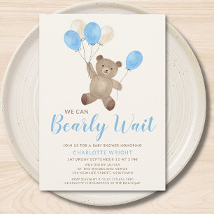 Boy Teddy Bear We Can Bearly Wait Baby Shower Invitation