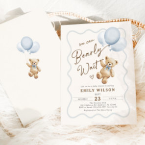 Boy Teddy Bear We Can Bearly Wait Baby Shower Invitation