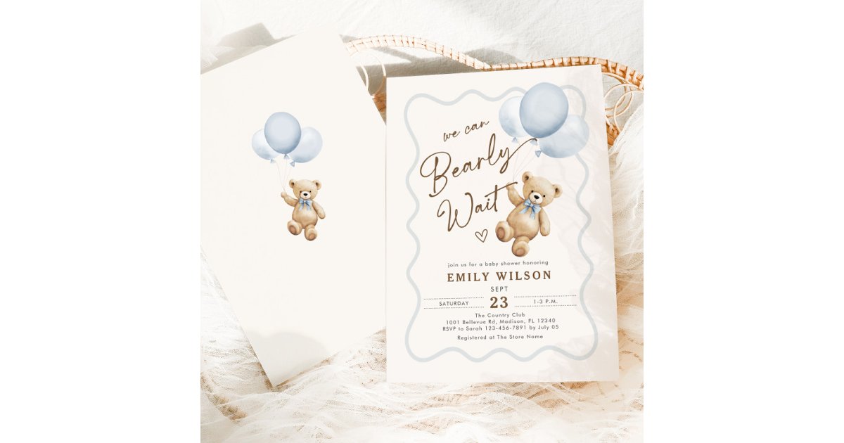Boy Teddy Bear We Can Bearly Wait Baby Shower Invitation | Zazzle