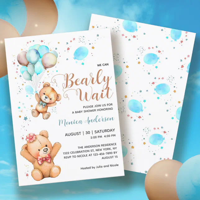 Boy Teddy Bear We Can Bearly Wait Baby Shower Invitation | Zazzle