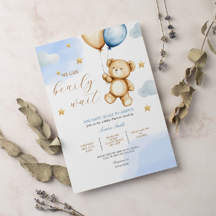 Boy Teddy Bear We Can Bearly Wait Baby Shower Invitation