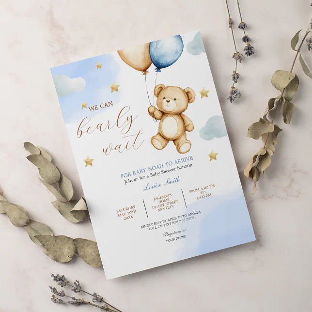 Boy Teddy Bear We Can Bearly Wait Baby Shower Invitation | Zazzle