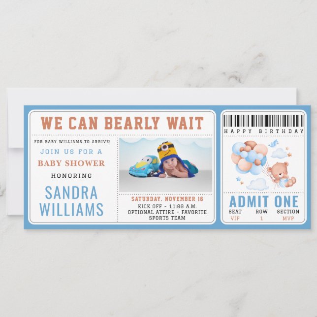 Boy Teddy Bear “We Can Bearly Wait” Baby Shower  Invitation (Front)