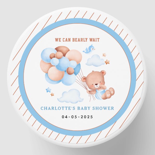 Boy Teddy Bear “We Can Bearly Wait” Baby Shower Mini Candle Favors (Front)