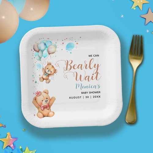 Boy Teddy Bear We Can Bearly Wait Baby Shower Paper Plates