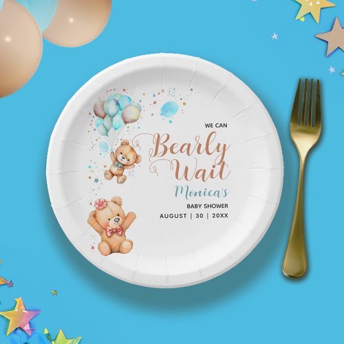 Boy Teddy Bear We Can Bearly Wait Baby Shower Paper Plates