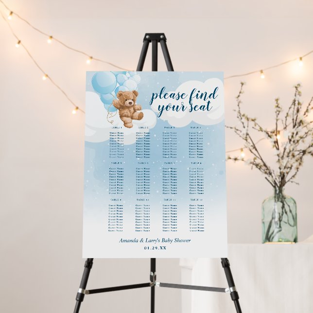 Boy Teddy Bear with Blue Balloons Seating Chart Foam Board (In Situ (Stand))