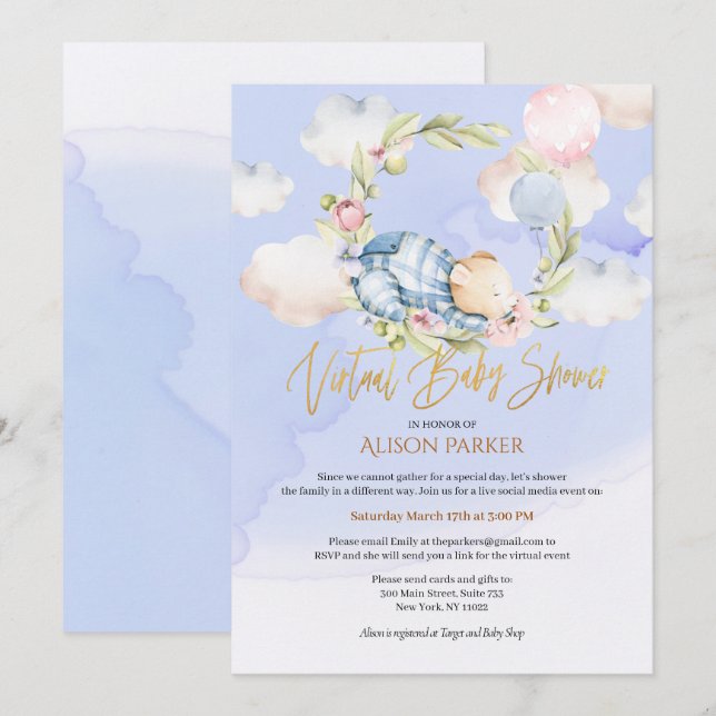 Boy Teddy Bear Woodland Virtual Baby Shower Invitation (Front/Back)