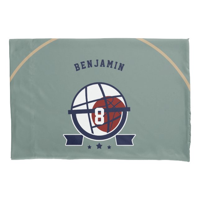 Boy Teen Basketball Hoop Green Navy Name Kids Pillow Case (Front)