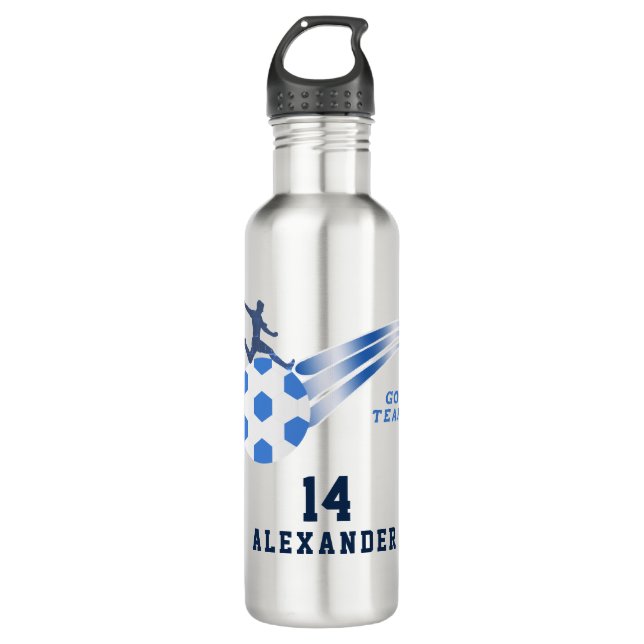 Boy Teen Sports Soccer Ball Blue Name Personalized Stainless Steel Water Bottle (Front)