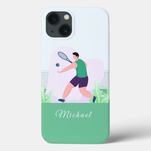 Boy Tennis Player Athlete Green Illustration Name  iPhone 13 Case