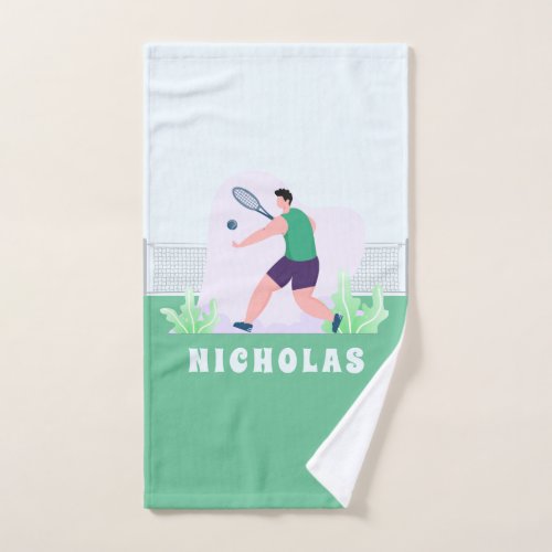 Boy Tennis Player Silhouette Green Grass Kids Name Hand Towel