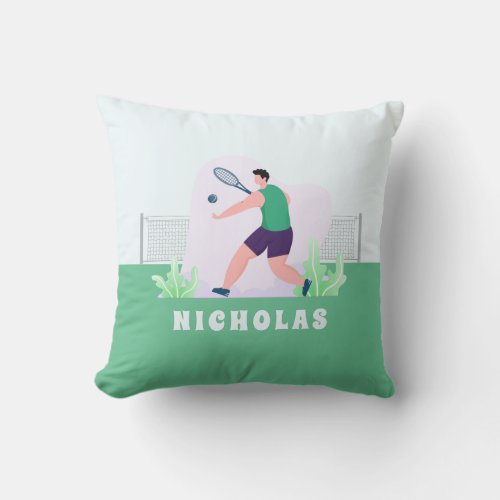 Boy Tennis Player Silhouette Green Grass Kids Name Throw Pillow