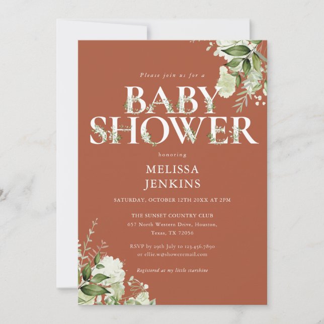 Boy Terracotta Greenery Floral Letter Baby Shower Invitation (Front)