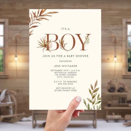 Boy Terracotta Pampas Floral Boho Baby Shower Invitation