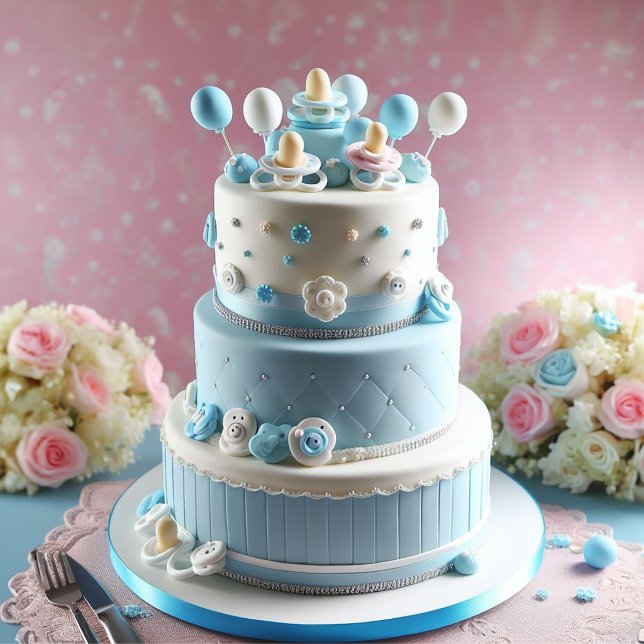 Boy Theme Baby Shower Cake with Pacifiers Invitation (Cute Blue Boy Layer Cake Baby Shower Invitation)