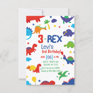 boy Three Rex 3rd Dinosaur Birthday  Invitation