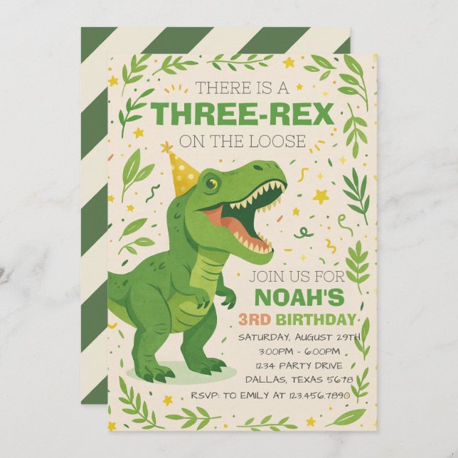 Boy Three-Rex Dinosaur Birthday Invitation (Front/Back)