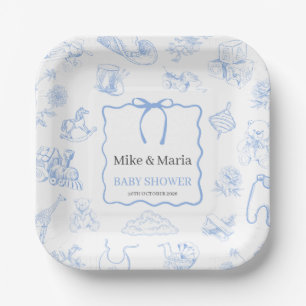 Boy Toile De Jouy Blue Baby Shower Paper Plates
