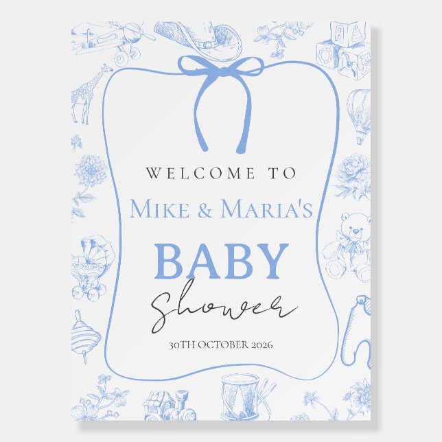 Boy Toile De Jouy Blue Baby Shower welcome sign (Front)