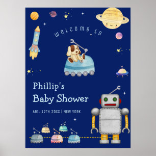 Boy Toys Robot Outer Space Baby Shower Welcome  Poster