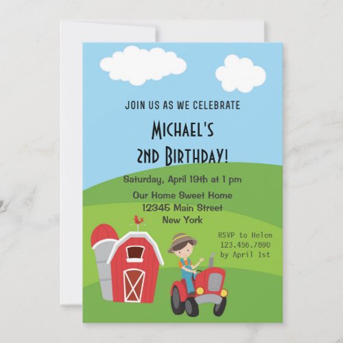 Boy Tractor Farm Birthday Party Invitation