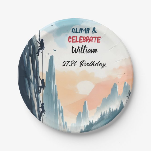Boy Tree Fun Cliff Rock Climbing 21st Birthday Paper Plates (Front)